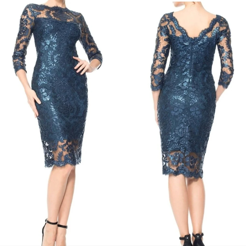 Tadashi Shoji Paillette Embroidered Lace & Tulle Sheath Dress in Teal, Sz 2, EUC - Picture 1 of 16